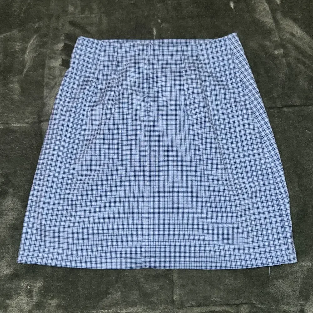 Brandy Melville‎ Mini Skirt Womens S Blue White Plaid Stretch Back Zipper Summer